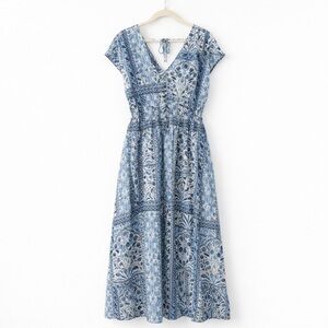Blue & White Boho Print Midi Dress | V-Neck Tie Back | Cottagecore